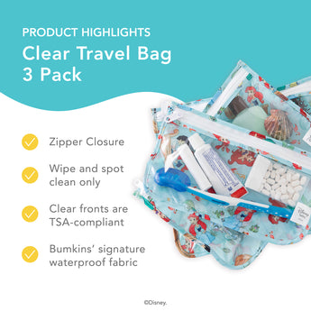 Bumkins Clear Travel Bag highlights—zipper closure, wipe and spot clean only, clear fronts are TSA-compliant, Bumkins' signature waterproof fabric.