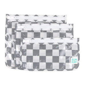 Bumkins Clear Travel Bag 3 Pack: Charcoal Check includes three TSA-compliant pouches with zippers and a clear front, ideal for travel.