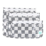 Bumkins Clear Travel Bag 3 Pack: Charcoal Check includes three TSA-compliant pouches with zippers and a clear front, ideal for travel.