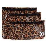 Roamio by Bumkins Clear Travel Bag 3 Pack: Leopard includes 3 TSA-compliant leopard print waterproof fabric pouches with zipper closures.
