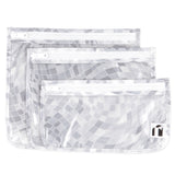 Roamio by Bumkins Clear Travel Bag 3 Pack: Disco Check includes 3 TSA-compliant waterproof bags with a gray & white mosaic pattern.