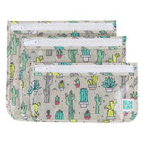 Bumkins Clear Travel Bag 3-Pack: Cacti includes 3 TSA-compliant pouches with cactus illustrations on gray waterproof fabric.
