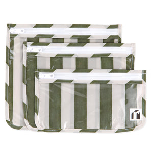 Roamio by Bumkins Clear Travel Bag 3 Pack: Clubhouse Stripe includes 3 TSA-compliant green & white stripe waterproof pouches.