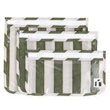 Roamio by Bumkins Clear Travel Bag 3 Pack: Clubhouse Stripe includes 3 TSA-compliant green & white stripe waterproof pouches.
