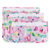 Bumkins Clear Travel Bag 3-Pack: Watercolor features 3 TSA-compliant pastel floral bags made of waterproof fabric with a clear front.