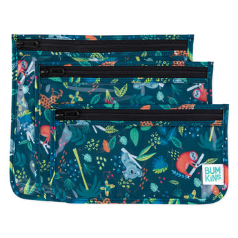 Bumkins Clear Travel Bag 3-Pack: Jungle includes 3 TSA-compliant pouches made of dark blue waterproof fabric with animal illustrations.