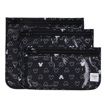 Bumkins Clear Travel Bag 3-Pack: Mickey Mouse Icon Black + White includes 3 black waterproof pouches with a white Mickey Mouse icon design.