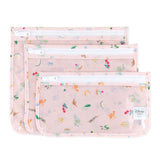 Bumkins Clear Travel Bag 3 Pack: Princess Magic—three pink waterproof pouches with white zippers, featuring a colorful princess motif.