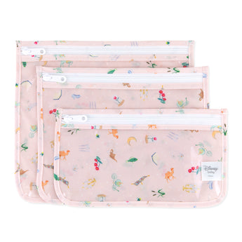 Bumkins Clear Travel Bag 3 Pack: Princess Magic—three pink waterproof pouches with white zippers, featuring a colorful princess motif.