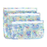 Bumkins Clear Travel Bag 3 Pack: Aloha Stitch includes 3 TSA-compliant pouches with tropical cartoon designs featuring Disney's Stitch.