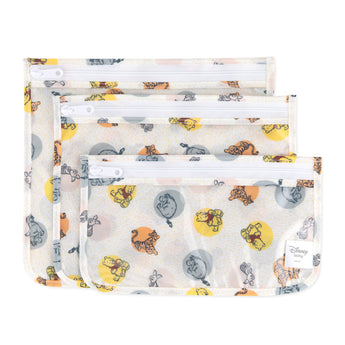 Bumkins Clear Travel Bag 3-Pack: Winnie and Friends includes 3 TSA-compliant pouches with Winnie the Pooh designs on waterproof fabric.
