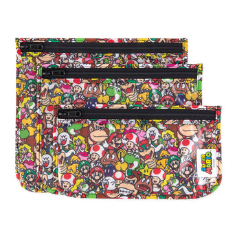 Bumkins Clear Travel Bag 3-Pack: Super Mario™ Mashup includes 3 TSA-compliant clear-front zippered pouches with character illustrations.