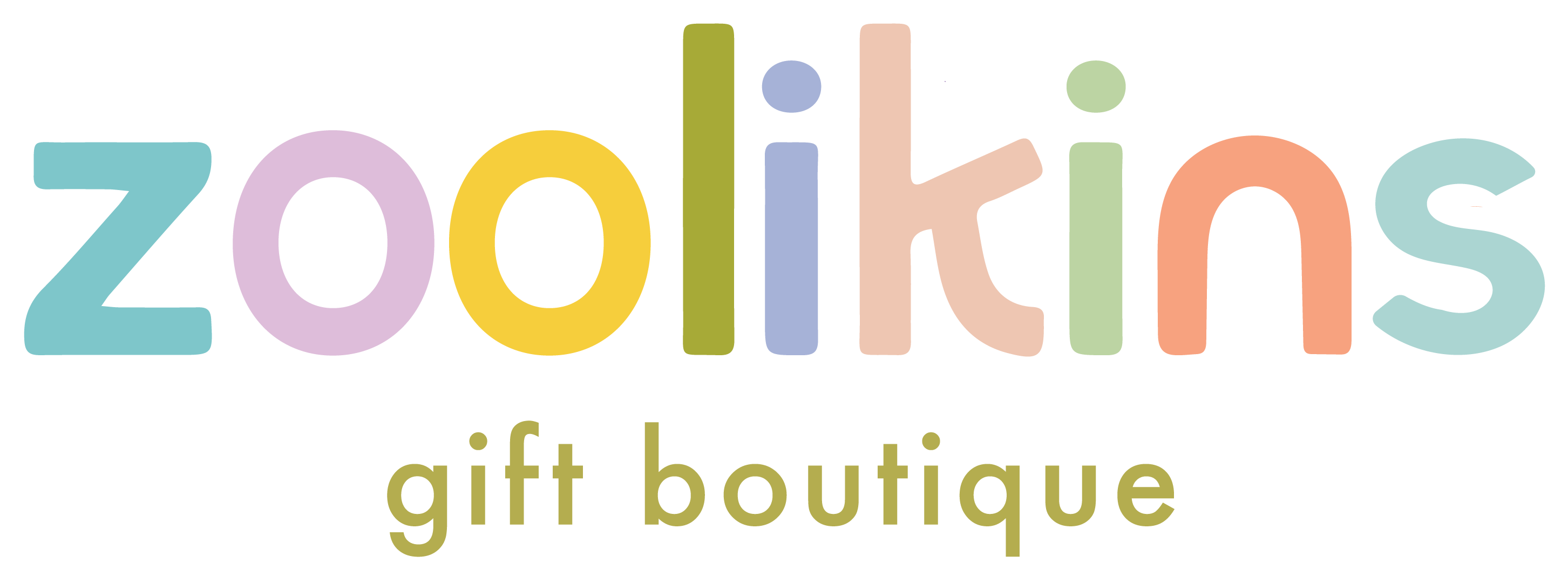 The image shows the text zoolikins gift boutique in lowercase. Zoolikins is colored in pastel shades of blue, purple, yellow, olive green, and pink. Gift boutique is in a smaller olive green font beneath it.