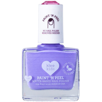 Klee Naturals Kids Water-Based Peelable Nail Polish is purple, non-toxic, kid-friendly, made in the USA with a white cap.