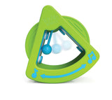 Fat Brain Toy Cos Tobble Tones is a green triangle baby toy with blue notes and a bell, ideal for sensory and motor skills.