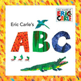 Eric Carles ABC Board Book by Random House features a colorful cover with his artwork, including ants, a bird, and an alligator.