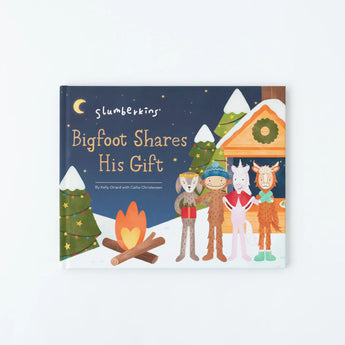 Holiday Bigfoot Bundle Snuggler: A cozy tale by Slumberkins featuring Bigfoot sharing gifts by a campfire in a snowy scene.