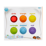 Fat Brain Toy Cos Dimpl Duo: A tactile learning toy with colorful pop-up buttons featuring labels for shapes and colors like circle and square.