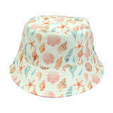 Emerson and Friends Reversible Bucket Hat, Sandy Seashells features a vibrant seashell and starfish pattern on a white background.