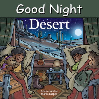 Two kids and a cat sleep in beds by the window, with cacti and a full moon, from the Good Night Desert board book by Random House.
