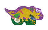 12 Piece Dinosaur Puzzle by Floss and Rock: Triceratops, plants, pterodactyl, and egg on purple with Roar near its head.