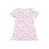 Noomies Short Sleeve Golf Dress features playful club, ball & cart illustrations, short sleeves, and a ruffled hem—ideal for sports fans.