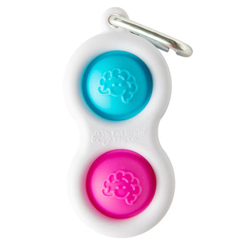 The Simpl Dimpl by Fat Brain Toy Co is a white fidget keychain with a carabiner and two brain-design buttons, one blue and one pink.