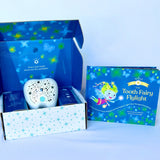 Unbox the Tooth Fairy Flylight Box Set: a blue box with a white device and storybook projector nightlight featuring a cartoon fairy.