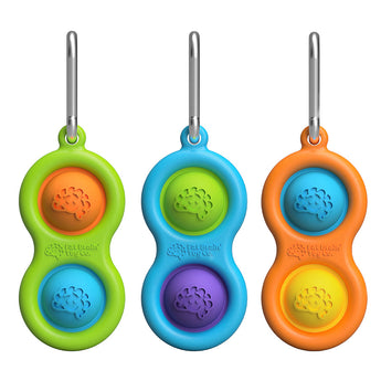 Three Simpl Dimpl poppers by Fat Brain Toy Co feature green, blue, and orange bubbles with metal clips for tactile stimulation.