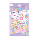 Package of Nom Nom Narwhals donut-scented stickers by OOLY features colorful narwhals and donuts. Includes 8 die-cut stickers.