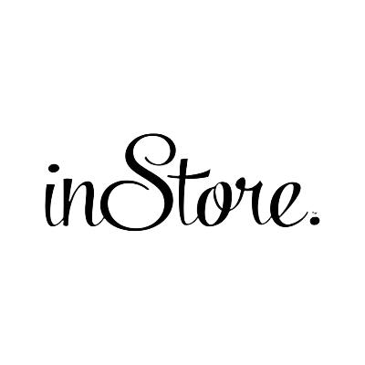 The image features the word inStore written in elegant, cursive script on a black background with a pattern of small, white dots.