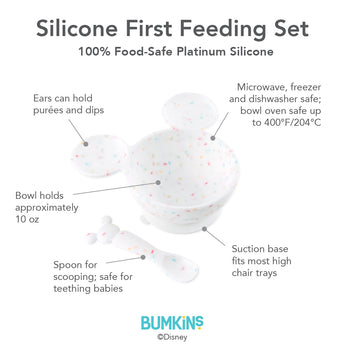 Infographic of Bumkins Silicone First Feeding Set: 100% food-safe platinum silicone, suction base, spoon safe for teething babies.