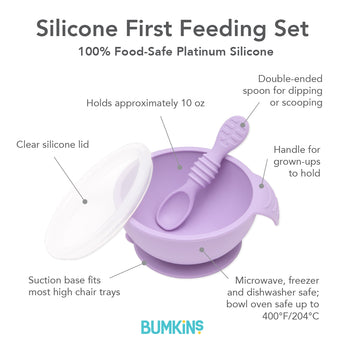 Infographic of Bumkins Silicone First Feeding Set: 100% food-safe platinum silicone, clear silicone lid, suction base, double-ended spoon.