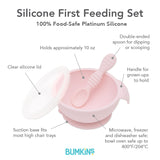 Infographic of Bumkins Silicone First Feeding Set: 100% food-safe platinum silicone, clear silicone lid, suction base, double-ended spoon.