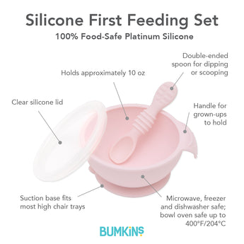 Infographic of Bumkins Silicone First Feeding Set: 100% food-safe platinum silicone, clear silicone lid, suction base, double-ended spoon.