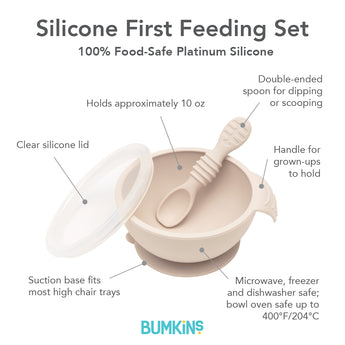 Infographic of Bumkins Silicone First Feeding Set: 100% food-safe platinum silicone, clear silicone lid, suction base, double-ended spoon.