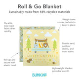 Infographic of Bumkins Reversible Roll & Go Blanket: made from 48% recycled materials, durable easy-wipe fabric, and resists most stains.
