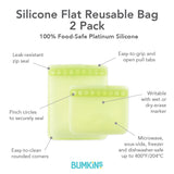 Infographic of Bumkins Silicone Flat Reusable Bag 2 Pack: 100% food-safe platinum silicone, leak-resistant zip seal, easy-to-clean.