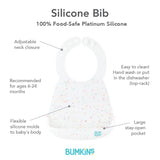 Infographic of Bumkins Silicone Bib: 100% food-safe platinum silicone, adjustable neck closure, easy to clean, large stay-open pocket.