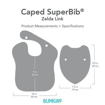 Bumkins Caped SuperBib® Zelda Link with dimensions—bib: 10 in (25 cm) by 9 in (23 cm), cape: 7.5 in (19 cm) by 9.5 in (24 cm).
