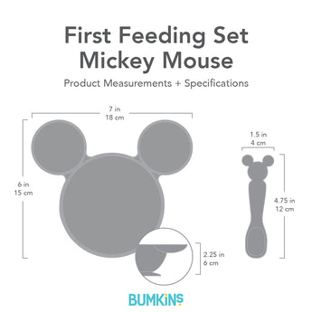 Bumkins First Feeding Set with dimensions—bowl: 7 in (18 cm) by 6 in (15 cm) by 2.25 in (6 cm). Spoon: 1.15 in (4 cm) by 4.75 in (12 cm).
