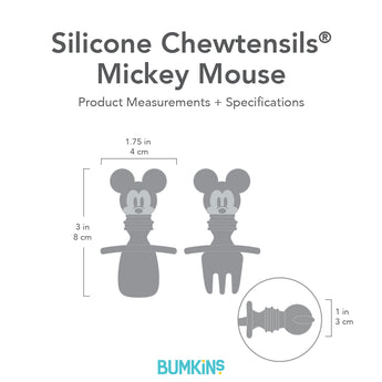 Gray silhouette of Bumkins Silicone Chewtensils Mickey Mouse with dimensions—width: 1.75 in (4 cm), height: 3 in (8 cm), depth: 1 in (3 cm).