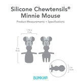 Gray silhouette of Bumkins Silicone Chewtensils Minnie Mouse with dimensions—width: 1.75 in (4 cm), height: 3 in (8 cm), depth: 1 in (3 cm).