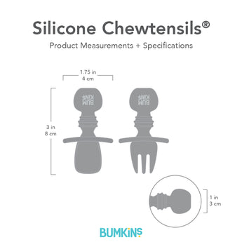 Gray silhouette of Bumkins Silicone Chewtensils® with dimensions—width: 1.75 in (4 cm), height: 3 in (8 cm), depth: 1 in (3 cm).
