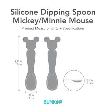 Bumkins Silicone Dipping Spoon: Mickey/Minnie Mouse with dimensions—width: .75 in (2 cm), height: 4.75 in (12 cm), depth: .5 in (1 cm).