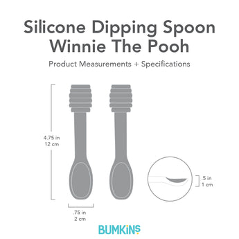 Bumkins Silicone Dipping Spoon: Winnie The Pooh with dimensions—width: .75 in (2 cm), height: 4.75 in (12 cm), depth: .5 in (1 cm).