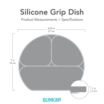Gray silhouette of Bumkins Silicone Grip Dish with dimensions—width: 8.25 in (21 cm), height: 7 in (18 cm), depth: 1 in (3 cm).