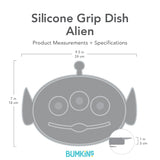 Gray silhouette of Bumkins Silicone Grip Dish Alien with dimensions—width: 9.5 in (24 cm), height: 7 in (18 cm), depth: 1 in (3 cm).