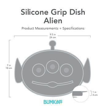 Gray silhouette of Bumkins Silicone Grip Dish Alien with dimensions—width: 9.5 in (24 cm), height: 7 in (18 cm), depth: 1 in (3 cm).