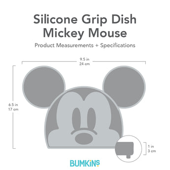 Gray silhouette of Bumkins Silicone Grip Dish Mickey Mouse with dimensions—width: 9.5 in (24 cm), height: 6.5 in (17 cm), depth: 1 in (3 cm).